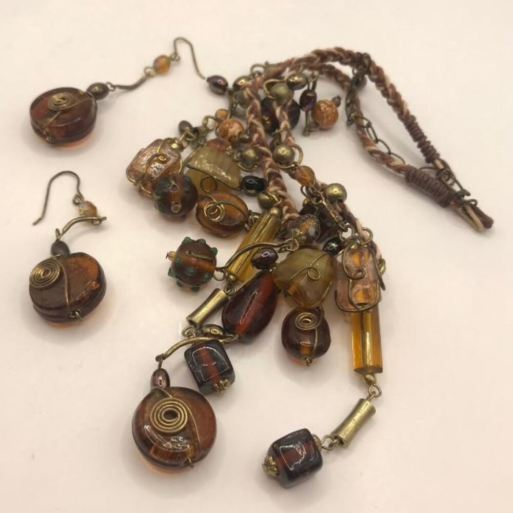 Antique Gold-Tone & Braided Glass Bead Necklace & Earrings Set - Picture 10 of 10
